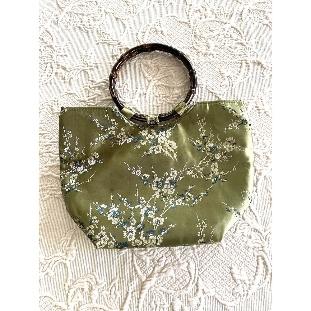 Asian Inspired Green Floral Handbag Brown Bamboo Handles - Picture 2 of 15